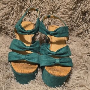 Elegant Teal Bow Platform Sandals